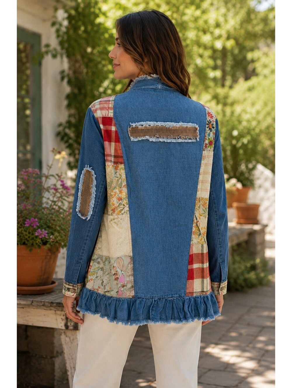 YOUNG THREADS Denim Patchwork Boho Shrug Jacket Ruffle NWT Small - Picture 4 of 5